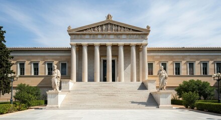 Athens Academy Building, Architecture with Statues and Steps Outdoors in Daylight
