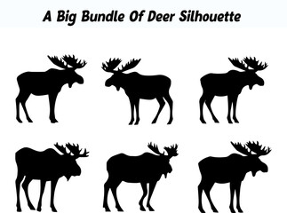 Collection of Six Moose Silhouettes in Black on White Background for Design
