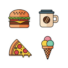 Colorful collection of fast food and drink icons in a simple flat style. Vector graphic set featuring a burger, pizza, coffee, and ice cream dessert