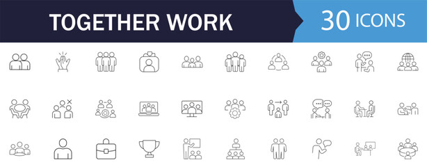 Collaboration & Together Work line Icons. Features icons of brainstorm, community, and management. Perfect for company reports, corporate training, and business infographics.