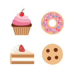 Collection of delicious baked goods including cupcakes, donuts, cake slices, and cookies, perfect for food blogs and culinary art