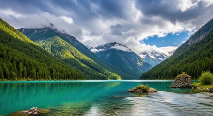 Majestic turquoise lake reflects towering green mountains under a dramatic cloudy sky