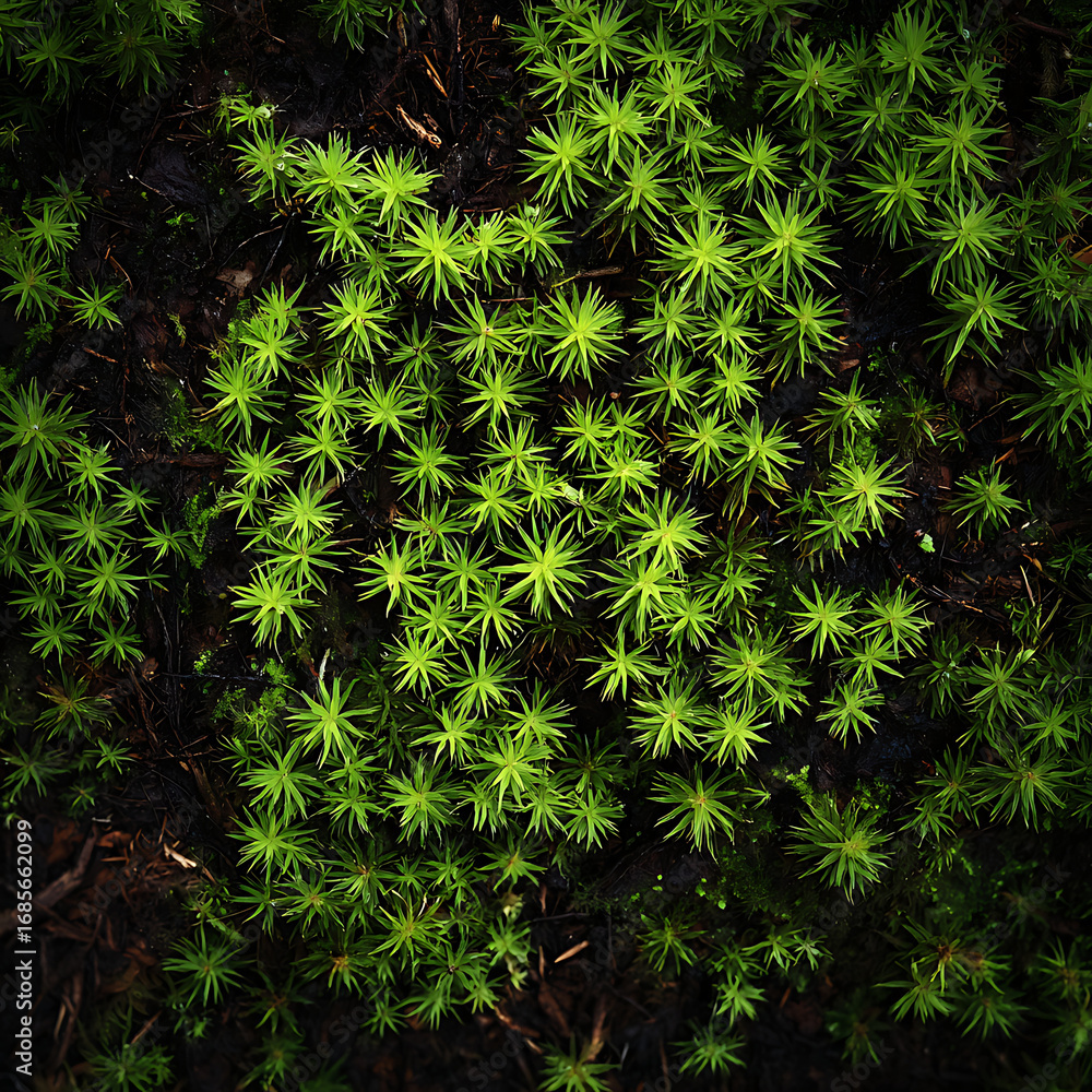 Aufkleber a top-down macro view of vibrant green moss creating a natural star-like pattern on the dark ground.