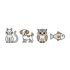 Set of four stylized pet and wildlife animal icons. Includes a whiskered cat, a playful dog, a wise owl, and a fish. Cute vector design elements