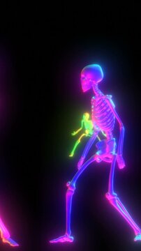Seamless vertical video animation of glowing skeletons dancing thriller. Funny halloween background  with neon flare.