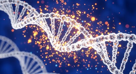 Abstract representation of a dna helix with glowing particles on blue background