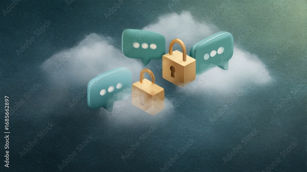 Poster secure communication concept with digital padlock and speech bubbles in cloud illustration