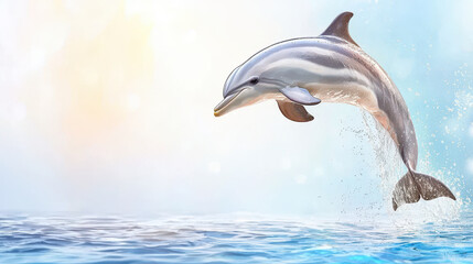 Fototapeta premium Dolphin leaps gracefully above water, showcasing its playful nature against serene blue background