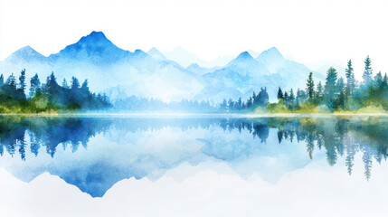 Serene watercolor landscape featuring mountains and calm lake, reflecting beauty of nature. soft blue tones evoke tranquility and peace