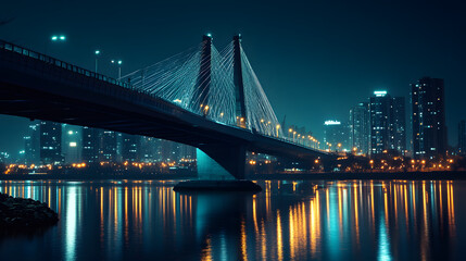 Fototapeta premium Night Cityscape: Illuminated Bridge Architecture Reflecting Vibrant Urban Skyline