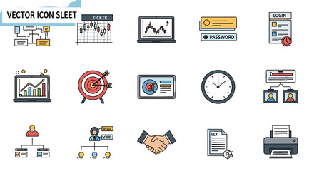 Various business and office icons arranged in a vector sheet