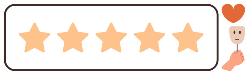 Five orange stars inside a rectangle, a hand holding a happy face paddle, and a heart symbolizing review, appreciation, and satisfaction. Ideal for feedback, reviews, customer experience, rating