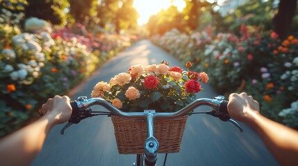 Hands holding handlebars of bicycle with basket full of roses, riding through colorful rose garden at sunset