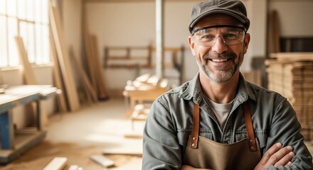 Portrait of a confident middle-aged carpenter in workshop