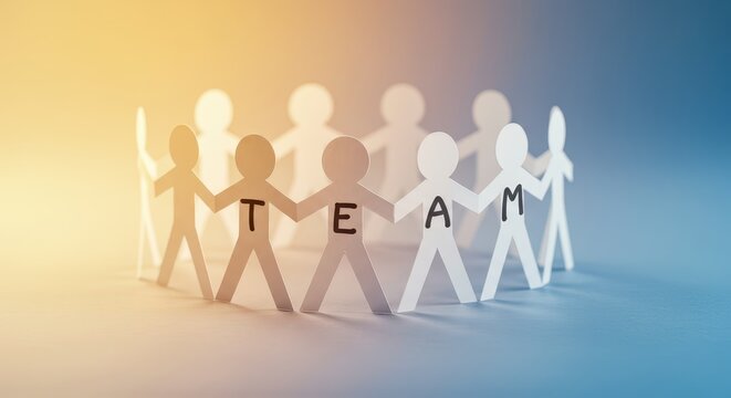 United in Circle of letters: An inspiring visual, with a circular arrangement of interconnected paper figures spelling out the word TEAM representing unity, cooperation, and collective power.