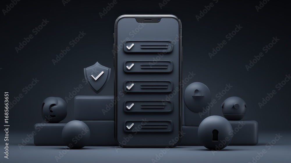 Poster minimalistic mobile interface design featuring communication elements and verified status icons