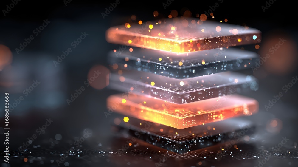 Aufkleber detailed representation of encrypted communication layers in a flat design with glowing elements