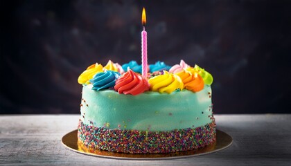 birthday cake with colorful frosting and candle on dark background