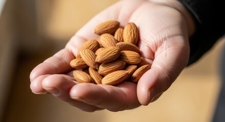 Person holding a handful of fresh almonds, a nutritious snack for a healthy diet