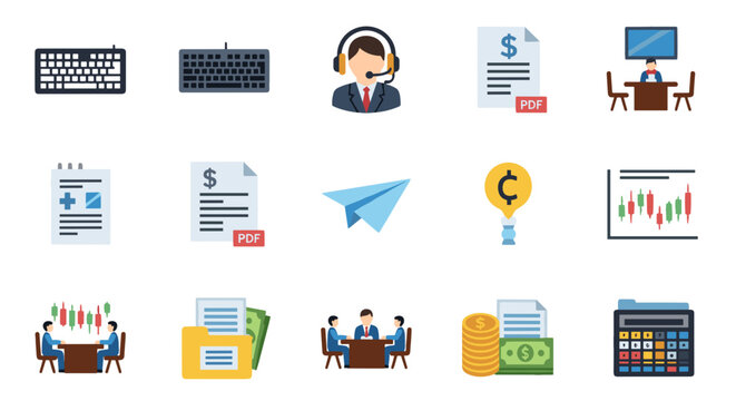 Flat design icons depicting business and office related items