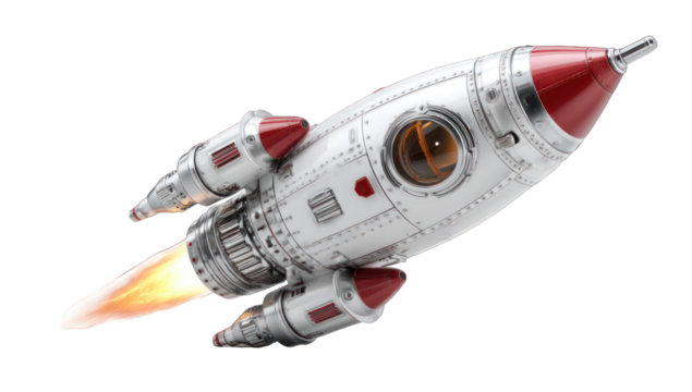 A retro-styled rocket in flight