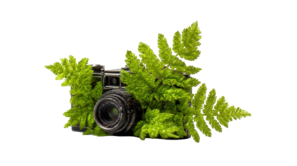 Vintage camera surrounded by vibrant greenery