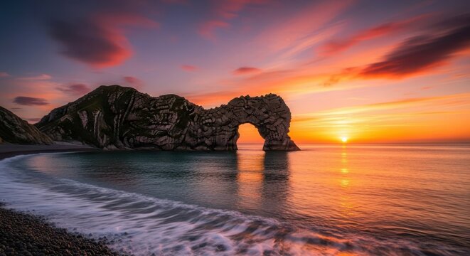 Dramatic sunset illuminates natural archway on a coastal beach with fiery sky