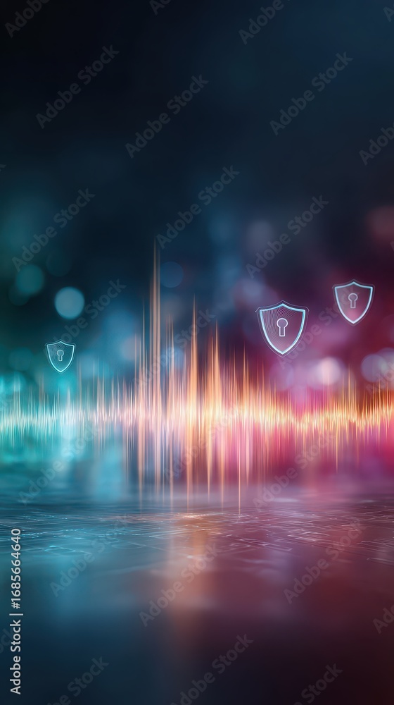 Poster visualization of encrypted communication with glowing audio waveform and security shield icons