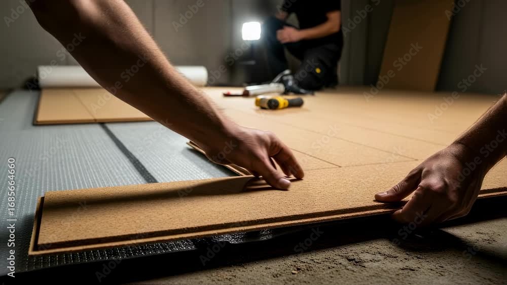 Poster footage of cork floating floor installation in basement showing stepbystep placement from underlay t