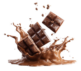 Chocolate bars exploding in a rich, liquid chocolate splash