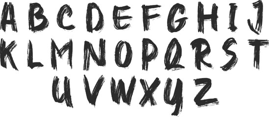 Hand drawn brush stroke alphabet letters vector design. Rough textured grunge font style for creative typography. Bold artistic black lettering perfect for posters and graphics.