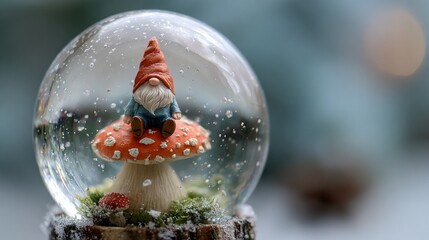 Macro image of a snow globe with a gnome inside sitting on a mushroom, very colorful and high-quality image.