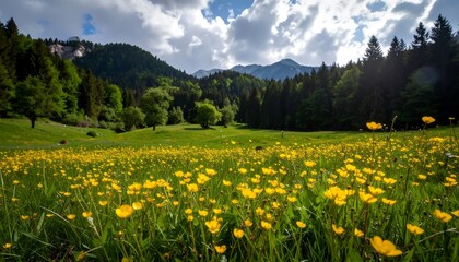 Obraz premium A vibrant meadow filled with yellow wildflowers, nestled beneath green forests and blue skies