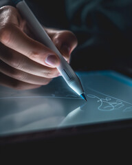 Hand drawing on digital tablet with stylus pen.