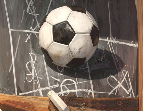 Soccer ball atop a chalkboard with drawn field lines