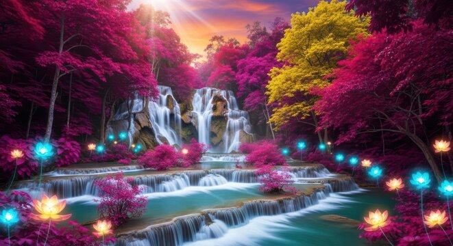 Enchanting waterfall paradise illuminated by magical glowing lights in a vibrant fantasy forest