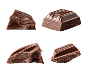 Four pieces of dark chocolate, broken and whole,  isolated on black
