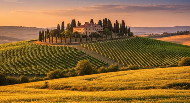 Golden hour tuscan landscape with cypress trees and vineyard on rolling hills - Powered by Adobe