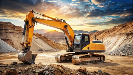 Excavator in the foreground with a large bucket and a rugged terrain in the background