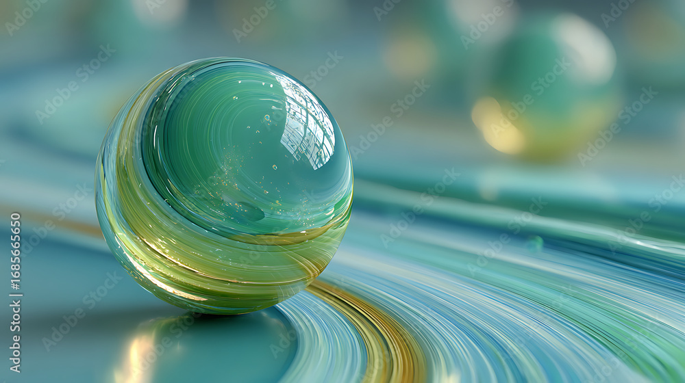 Poster a glossy, translucent glass sphere with green and yellow swirls rests on a smooth, flowing surface. 