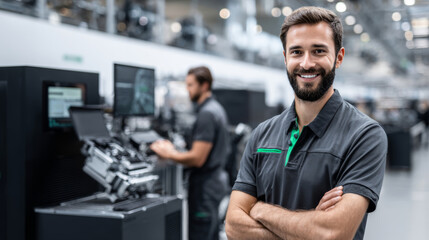 Confident male engineer with beard wearing gray uniform standing with crossed arms in modern industrial factory with CNC machines and manufacturing equipment