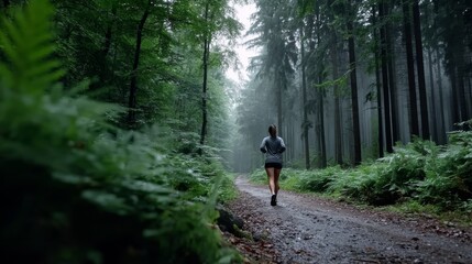 Obraz premium A woman jogs on a misty forest trail surrounded by lush greenery. Ideal for fitness, nature, and outdoor activity themes.