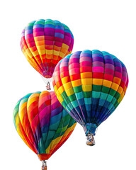 Three colorful hot air balloons against a black background.  Vibrant hues of rainbow colors.  Detailed, patterned fabric.  Close-up view