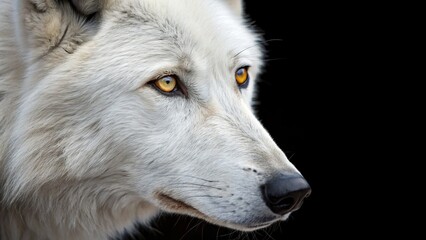 Obraz premium Arctic Wolf Portrait Close-up Composition, Intense Gaze, White Fur, Black Background, Animal Photography, Wildlife, Canis lupus arctos Arctic Wolf