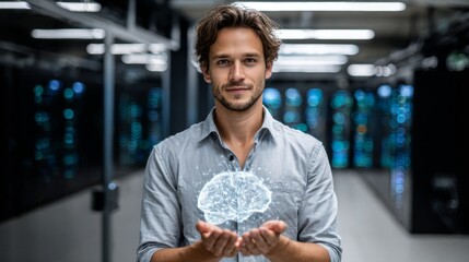 A confident male technician stands in a server room, holding a glowing, holographic representation of a human brain, symbolizing the fusion of AI, technology, and human intellect.