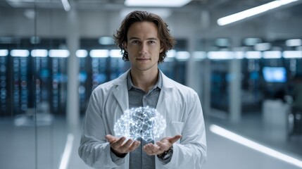 Professional young man in white lab coat presenting holographic brain with neural network connections in futuristic laboratory setting with servers