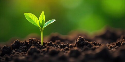 Fototapeta premium Close-up of a vibrant green seedling pushing through rich soil, illustrating growth and development, representing potential and nurturing , soil, farming