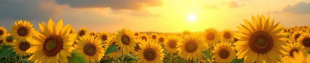 A vibrant sun shines on a field of sunflowers, symbolizing joy, optimism, and the simple pleasures in life Perfect for illustrating themes of contentment and inner peace , serenity, happy, bright