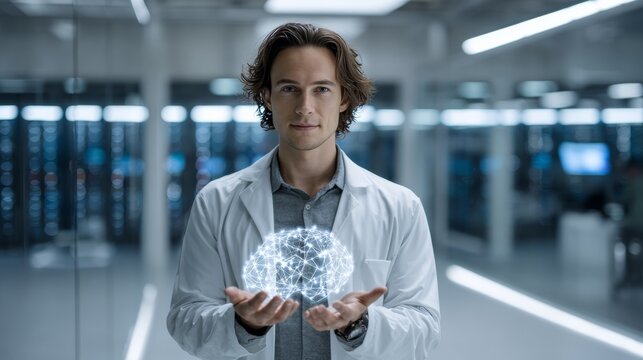 Professional young man in white lab coat presenting holographic brain with neural network connections in futuristic laboratory setting with servers