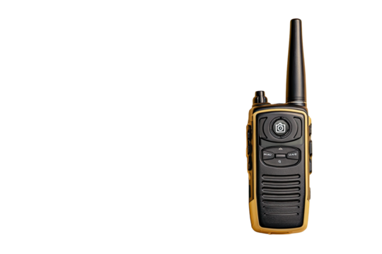 Portable, gold-colored, two-way radio with antenna.  Features black buttons and a textured casing